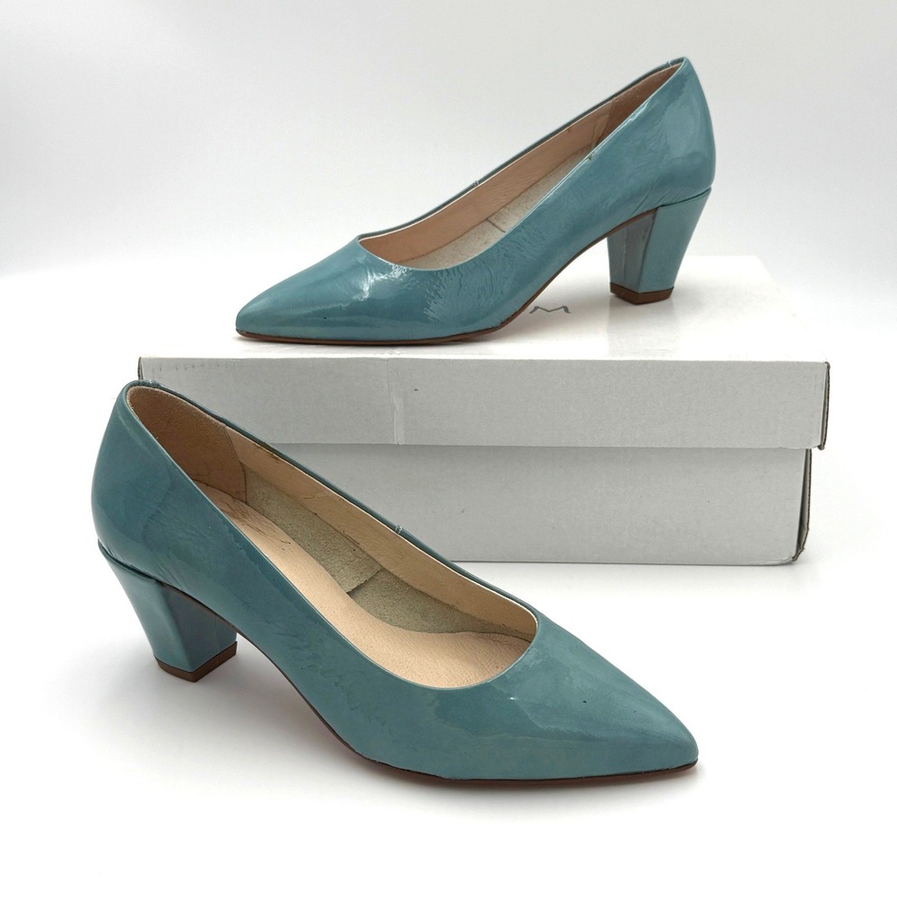 ETHEM Danbury Patent Ibon Blue Pointed Toe Block Heel Pumps Size 36